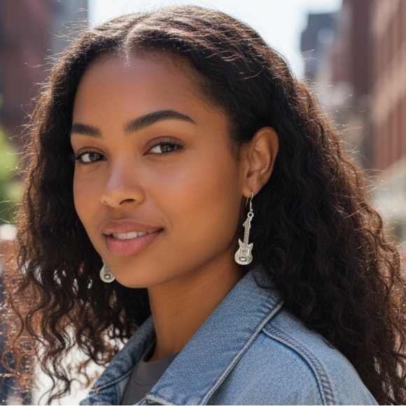 Silver Guitar Dangle Earrings | Music Lover Jewelry - Picture 3 of 6